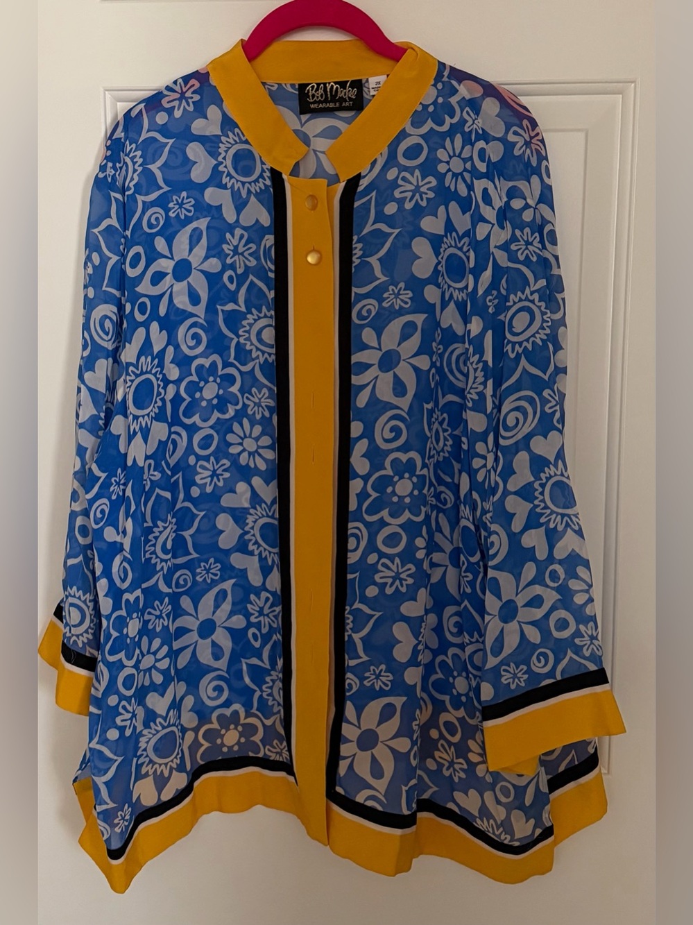Bob Mackie Wearable Art Blue Floral Semi Sheer Button Front Top with Yellow Trim